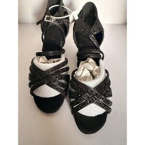 DanceandSway Womens Black Rhinestone Latin Salsa Dance Shoes Low Heel US 8